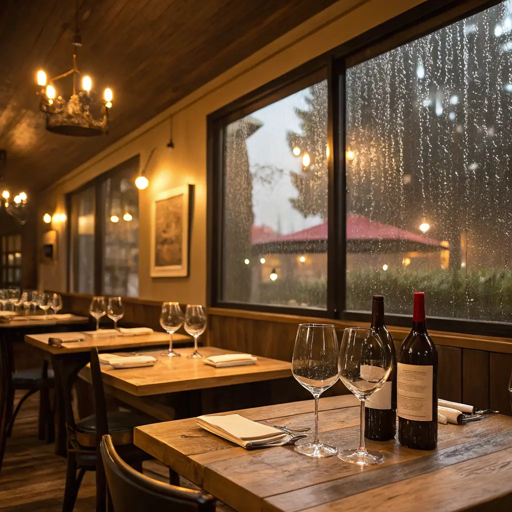 Cozy wine tasting room with warm lighting, wooden tables, wine glasses, and rain-streaked windows, displaying local California wine bottles