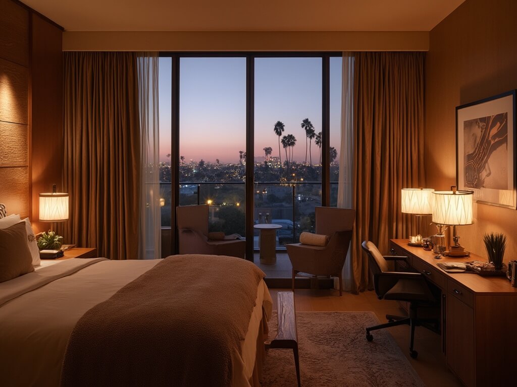 Boutique hotel room in Culver City with mid-century modern decor, large windows displaying city lights, plush earth-toned bedding, designer lighting, and a balcony view of palm trees at twilight