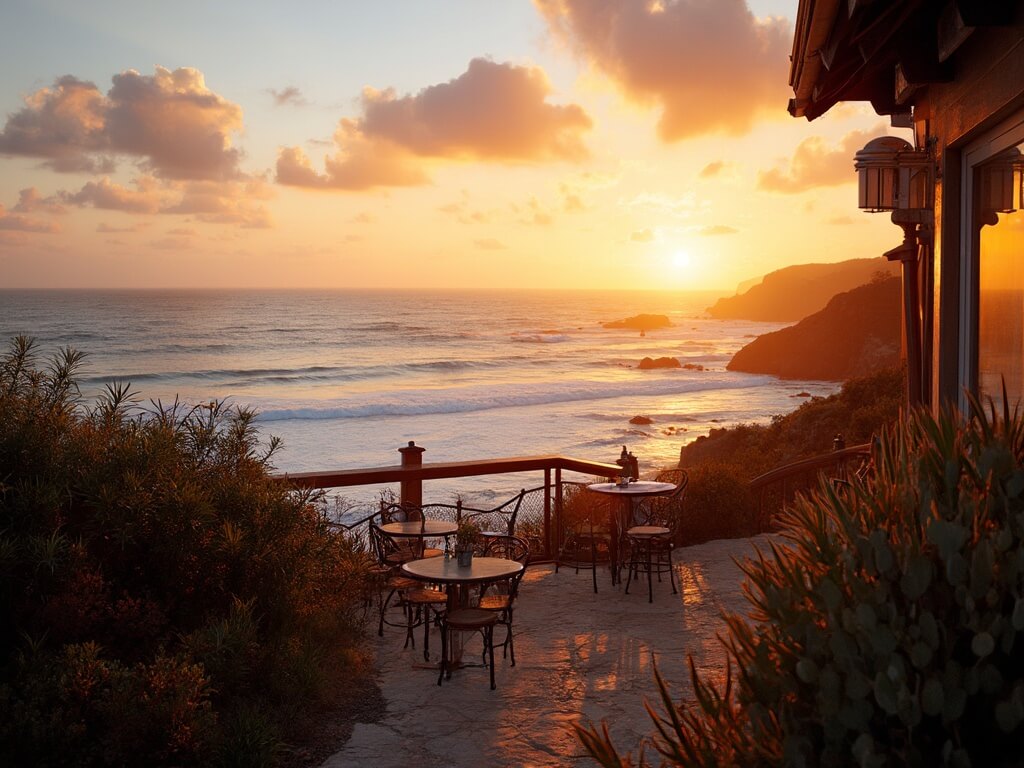 Cliffside restaurant patio view of romantic sunset in Del Mar with ocean, native plants, and beach below