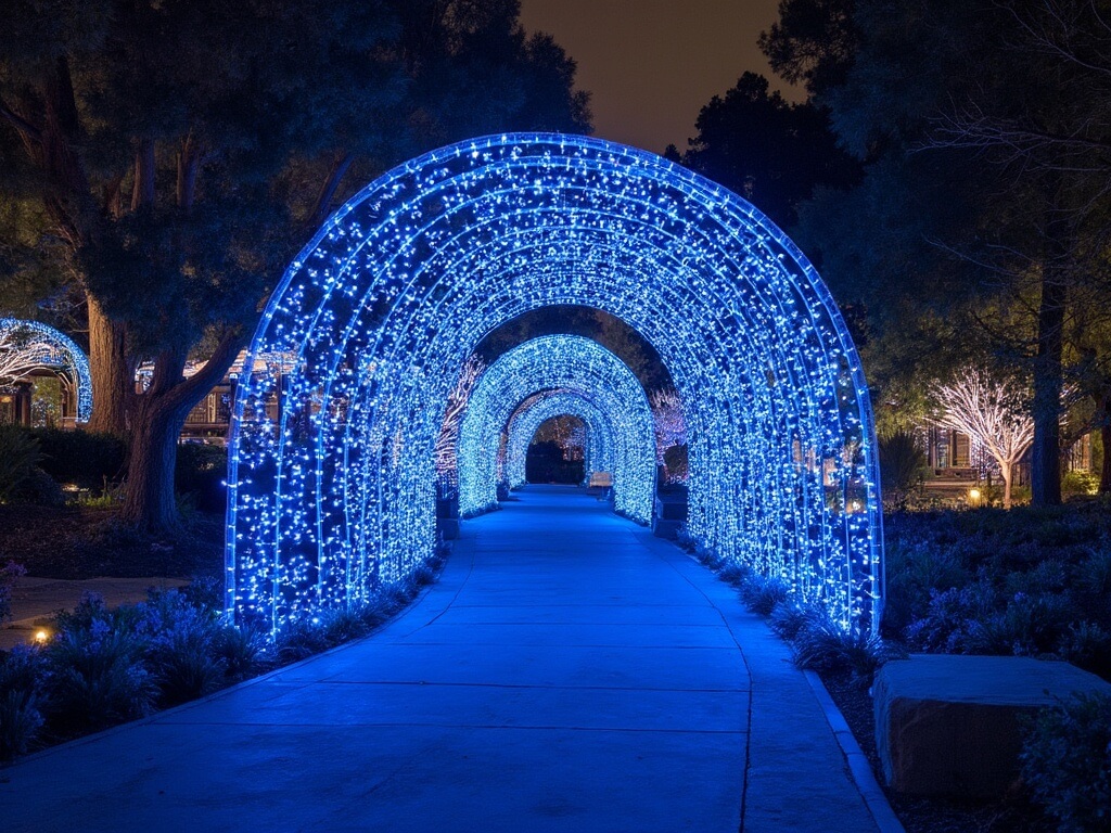 Illuminated tunnel pathway with twinkling blue and white LED lights at Descanso Gardens at nighttime reflecting off garden landscapes and oak trees