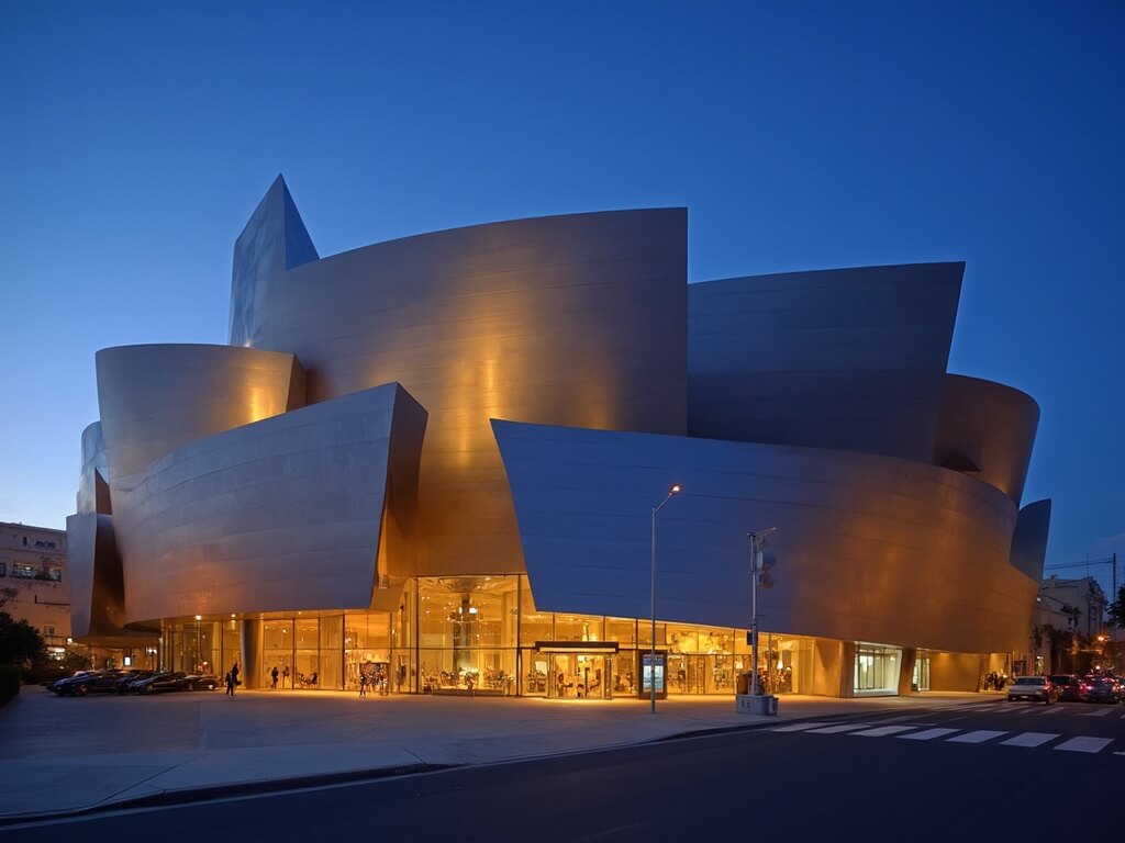 Walt Disney Concert Hall's metallic exterior reflecting sunset light against a blue evening sky