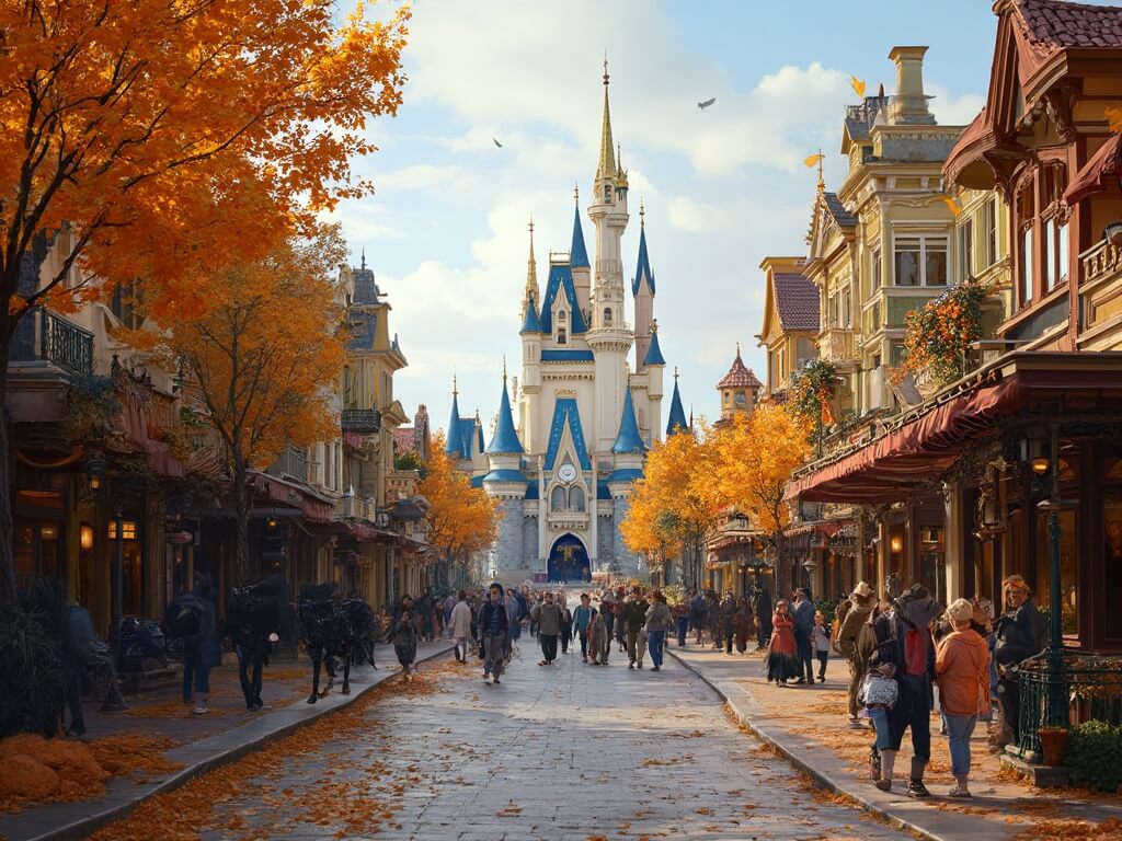 Disneyland's Main Street USA with Victorian architecture and fall harvest decorations, less crowded, featuring Sleeping Beauty Castle in the background.