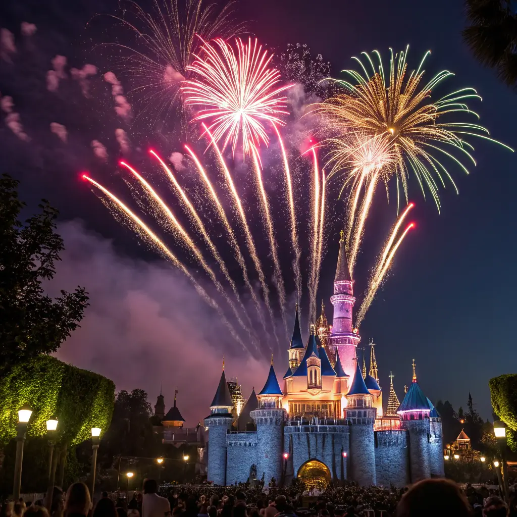 Iconic Disneyland castle illuminated at night with vivid fireworks creating a magical summer atmosphere