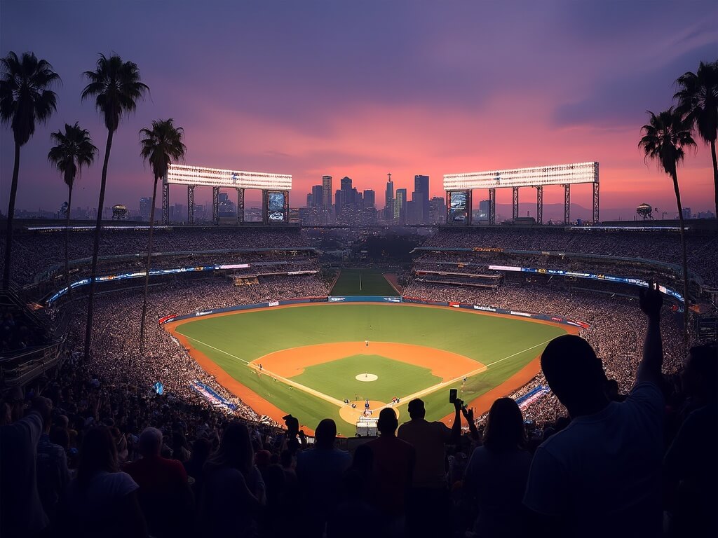 Dodger Stadium during a twilight game, lights illuminating Chavez Ravine, baseball fans in the stands, Downtown LA skyline and silhouetted palm trees against a purple-orange sunset