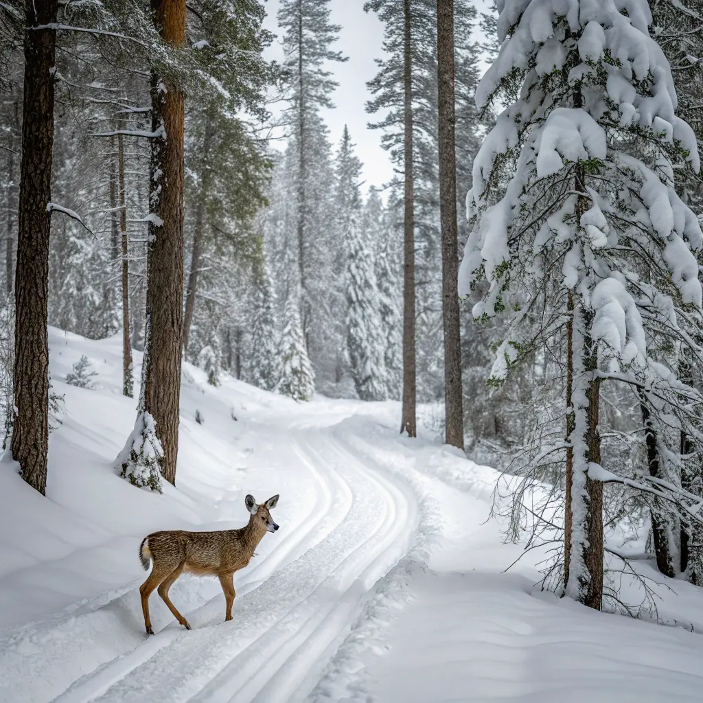 Lone deer standing still on snowshoe trail surrounded by snow and frosted evergreens at Donner Memorial State Park in winter