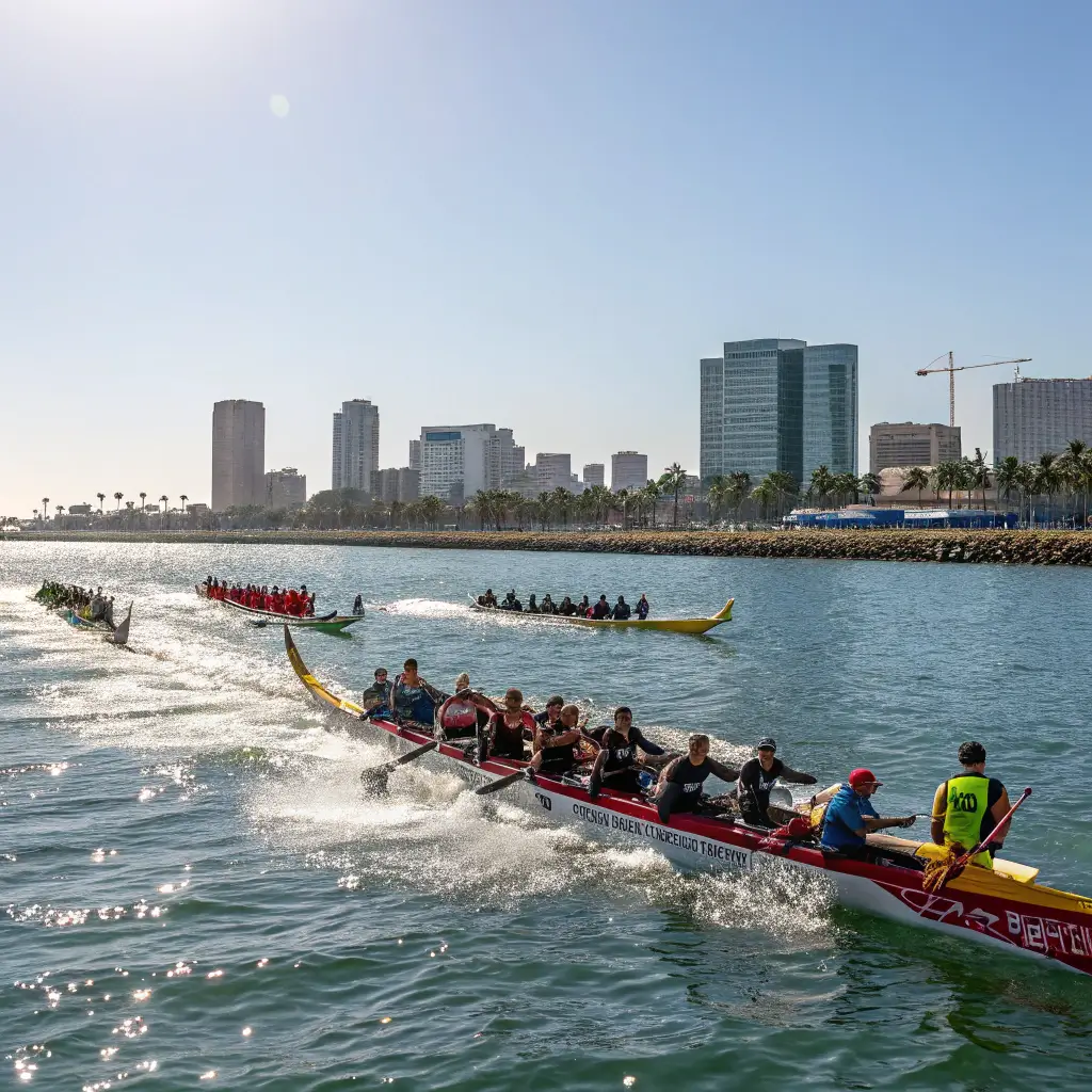 Colorful dragon boat race under bright sunlight at Long Beach, with city skyline in the background and water splashing from synchronized paddling