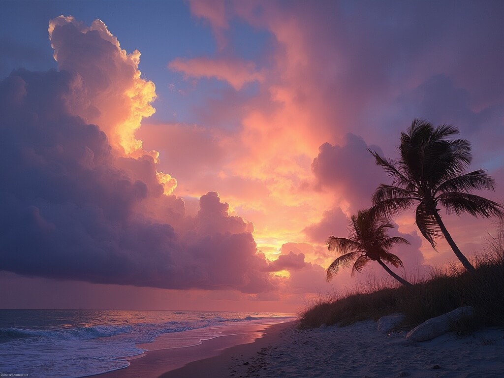 Dramatic cumulonimbus clouds in shades of purple and orange at a late afternoon beach, with sun rays peeking through the cloud breaks and swaying palm trees against the backdrop