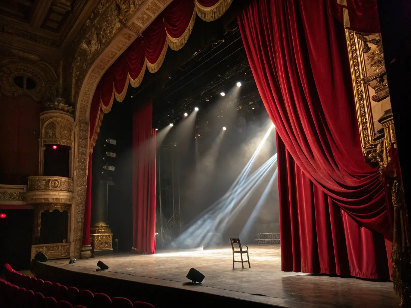 Dramatic theater stage with red velvet curtains, vintage spotlight beams, and ornate set pieces captured from the wings