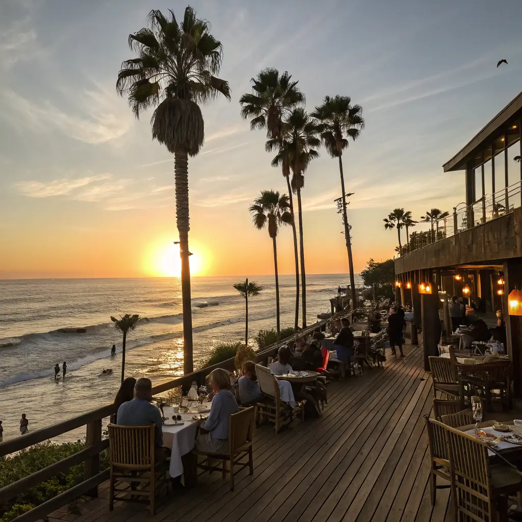 Duke's Malibu restaurant at sunset with golden light bouncing off the ocean, diners at wooden deck, silhouettes of palm trees against the sky, and visible ocean waves