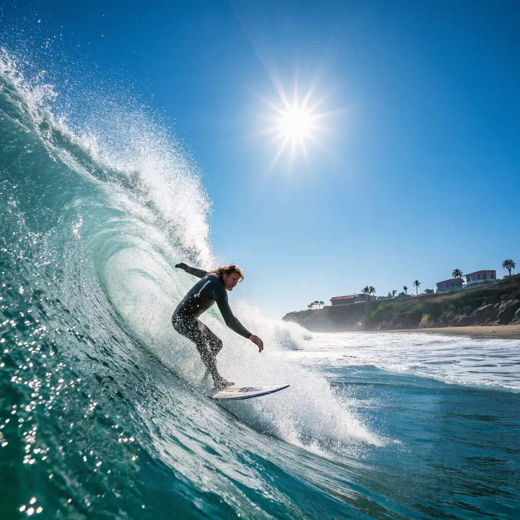 Professional surfer in dynamic action mid-ride on a perfect wave at Pleasure Point, California, with sunlight highlighting water spray and a crisp blue ocean background.