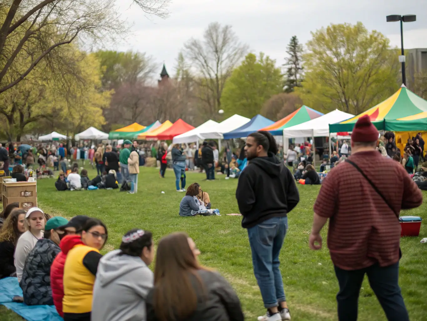 Diverse crowd participating in outdoor activities under natural lighting at the Earth Day Festival, with colorful festival tents in the background