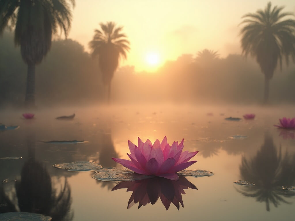 Early morning at Echo Park Lake with blooming pink lotus flowers on calm water, soft light in morning fog, and reflections of palm trees on the surface.