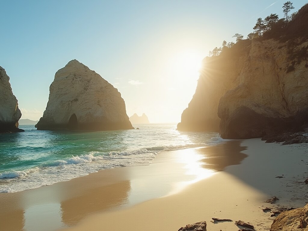 Early morning at El Matador Beach in Malibu with rocky cliffs and sea stacks, golden sunlight on clear turquoise waters and mist around rock formations