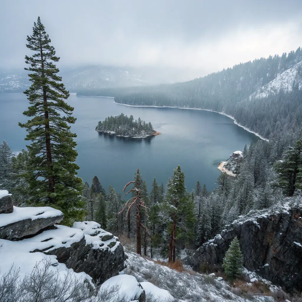 Winter panoramic view of Emerald Bay State Park with snow-covered evergreen trees, partially frozen lake, rocky shores, and misty atmosphere