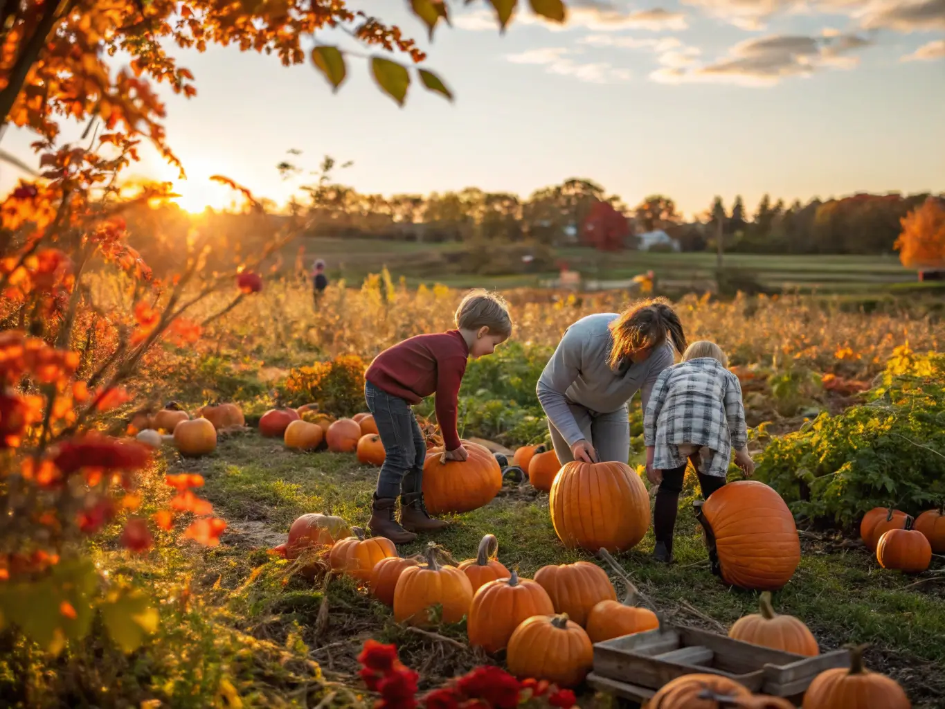 Children selecting pumpkins in a family pumpkin patch, basked in warm afternoon sunlight, amidst scattered orange pumpkins and autumn foliage, creating a nostalgic fall atmosphere