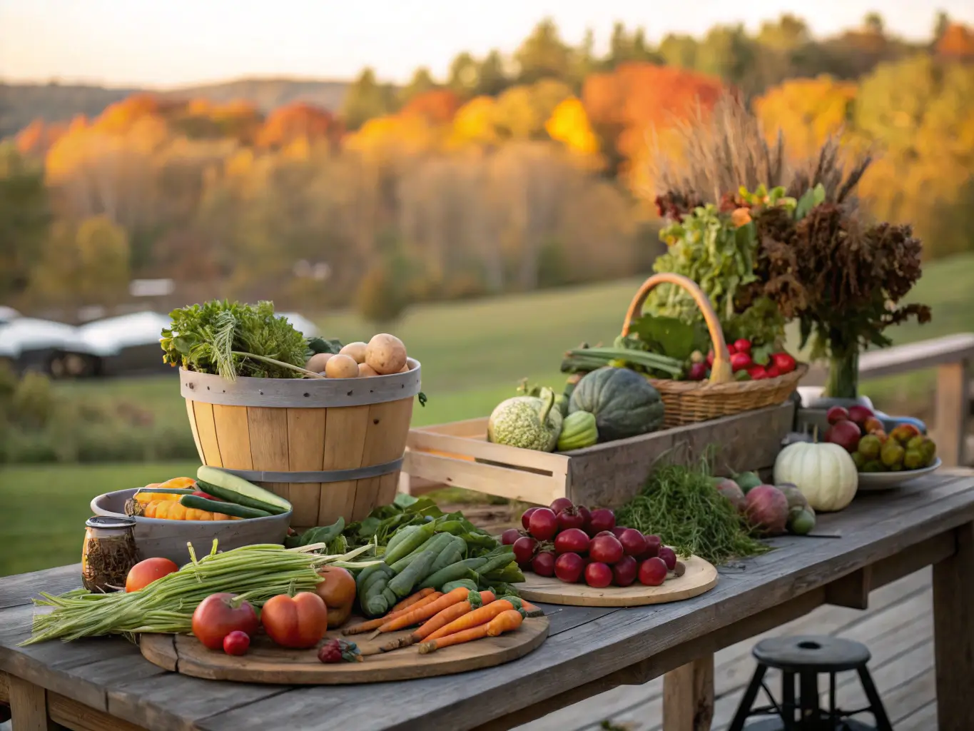 Artfully arranged farm-to-fork meal on wooden table showcasing seasonal produce, with soft lighting and blurred autumn landscape background