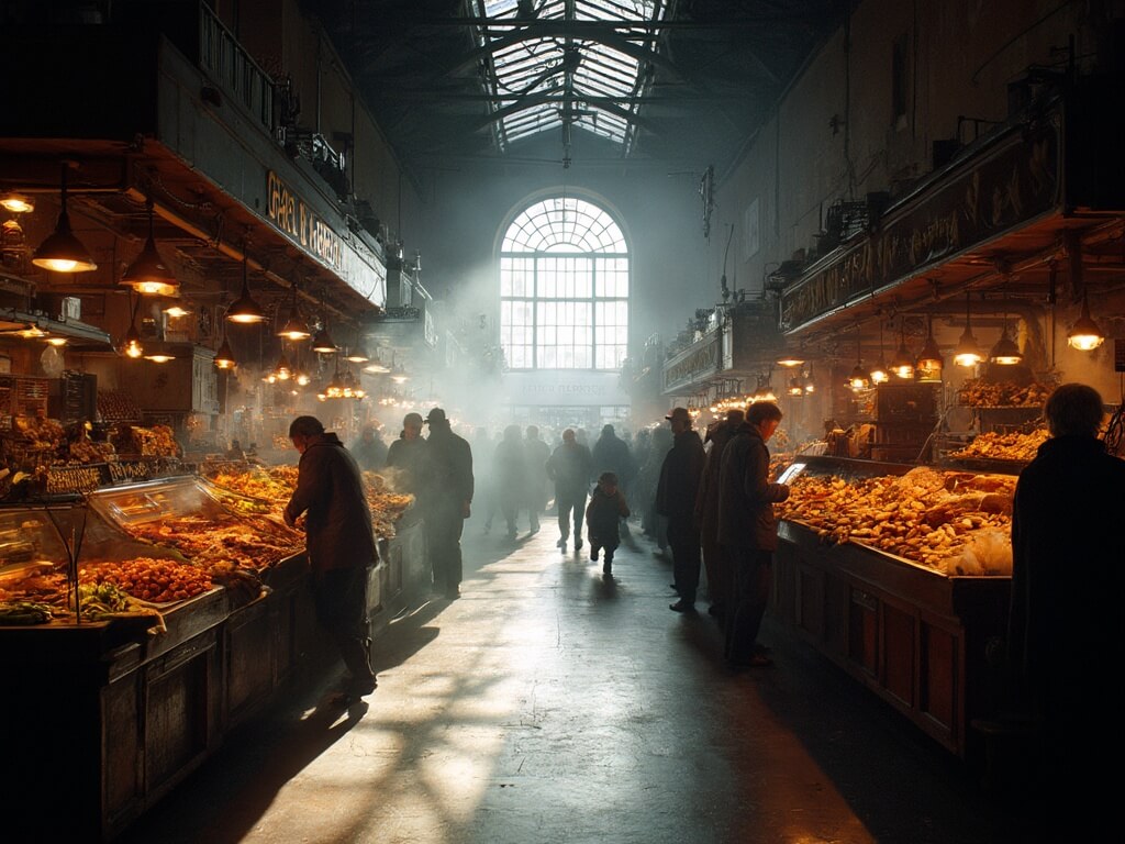 Bustling Saturday morning at Ferry Building Marketplace with vibrant produce displays, steaming bread ovens, and lively vendors under historic arched windows bathed in morning light