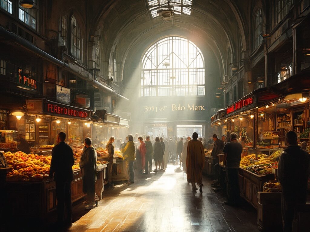 Sunlight streaming through grand arched windows at Ferry Building Marketplace on a busy morning showing vendors arranging their goods, fresh produce displays, and early morning shoppers.