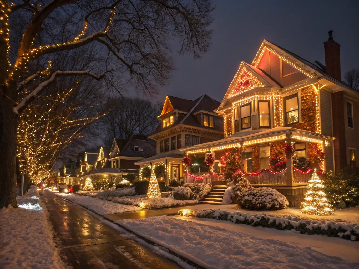 Fab 40s neighborhood at night, showcasing Victorian and craftsman-style homes intricately decorated with Christmas lights against a dark winter background