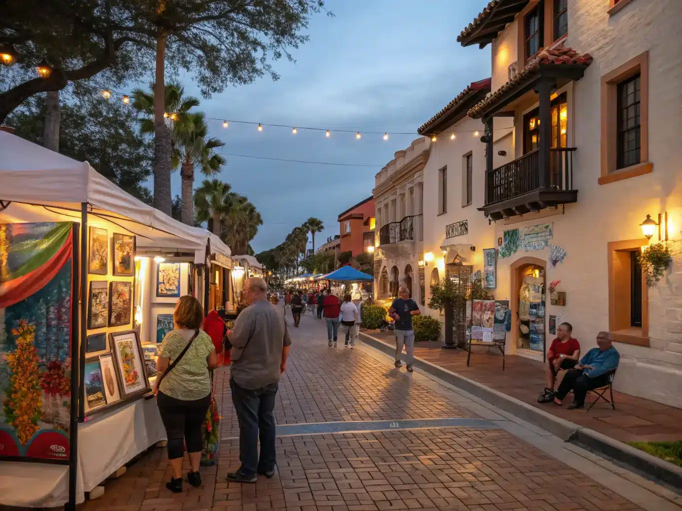 Bustling First Thursday Art Walk scene with colorful displays, local artists interacting with visitors, and warm evening light highlighting Spanish colonial architecture