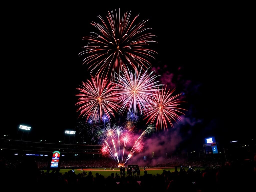 Fireworks display in red, white, and blue over Sutter Health Park on Fourth of July with silhouetted crowd below