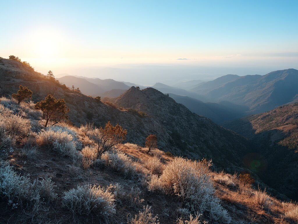 Frost-covered vegetation, winding hiking trails, and valley views in a clear October morning at San Diego's mountain vista