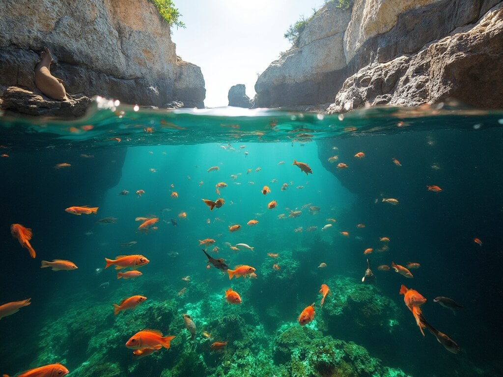 Garibaldi fish swimming in turquoise waters in La Jolla Cove during early morning, sea lions resting on nearby rocks and amid kelp forests