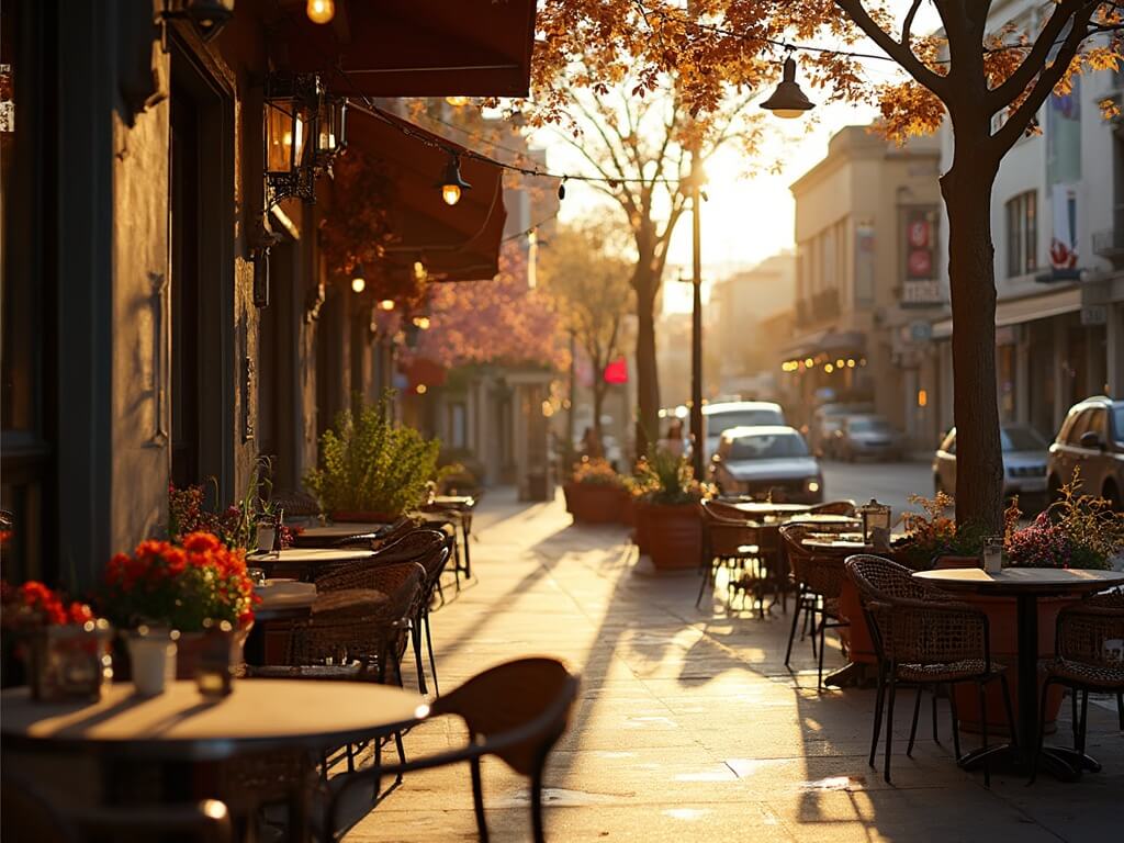 Outdoor cafe in Gaslamp Quarter during golden hour, with shadows from historic buildings, empty tables under string lights, surrounded by vibrant potted plants, reflecting cozy November weather for al fresco dining.