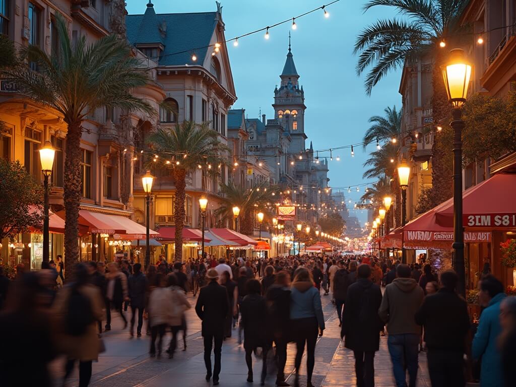 Bustling evening in San Diego's Gaslamp Quarter showcasing historic Victorian architecture, vibrant crowd, warm street lights, vintage lamps and modern urban landscape