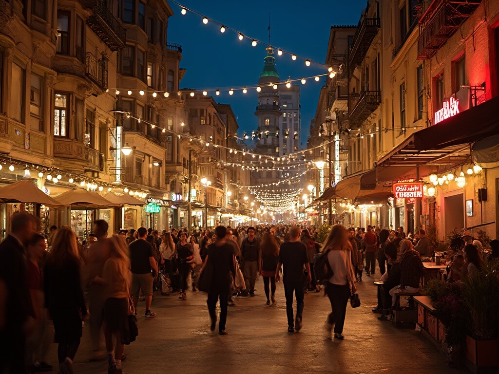 Bustling nighttime scene in the Gaslamp Quarter showing historic Victorian architecture, warm street lighting, and diverse crowds between trendy restaurants and bars