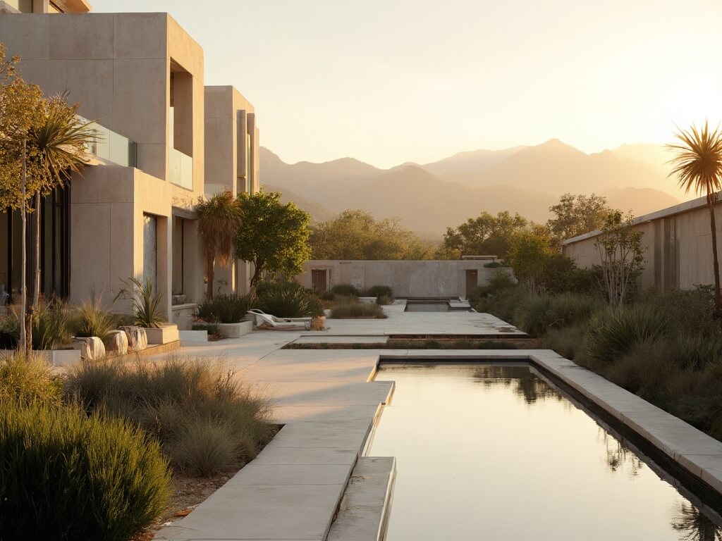 Elegant courtyard at the Getty Center during golden hour, showcasing modern white architecture, well-kept gardens, reflective water features, and Santa Monica Mountains in the backdrop