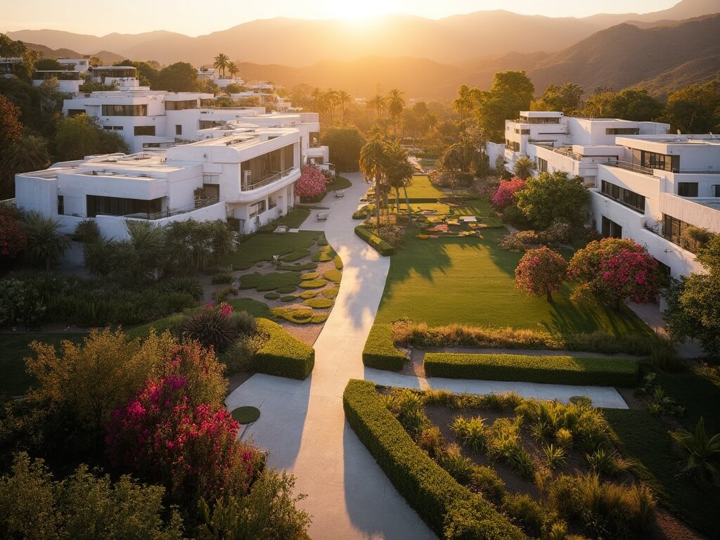 Aerial view of Getty Center gardens and modern architecture bathed in golden hour sunlight