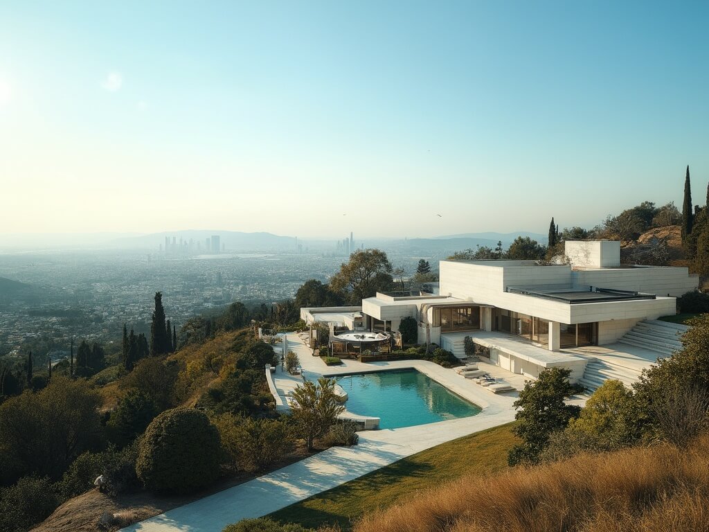 Hilltop view from Getty Center's gardens displaying modernist architecture, Los Angeles cityscape, Pacific Ocean, Mediterranean vegetation, and water features under late afternoon sun