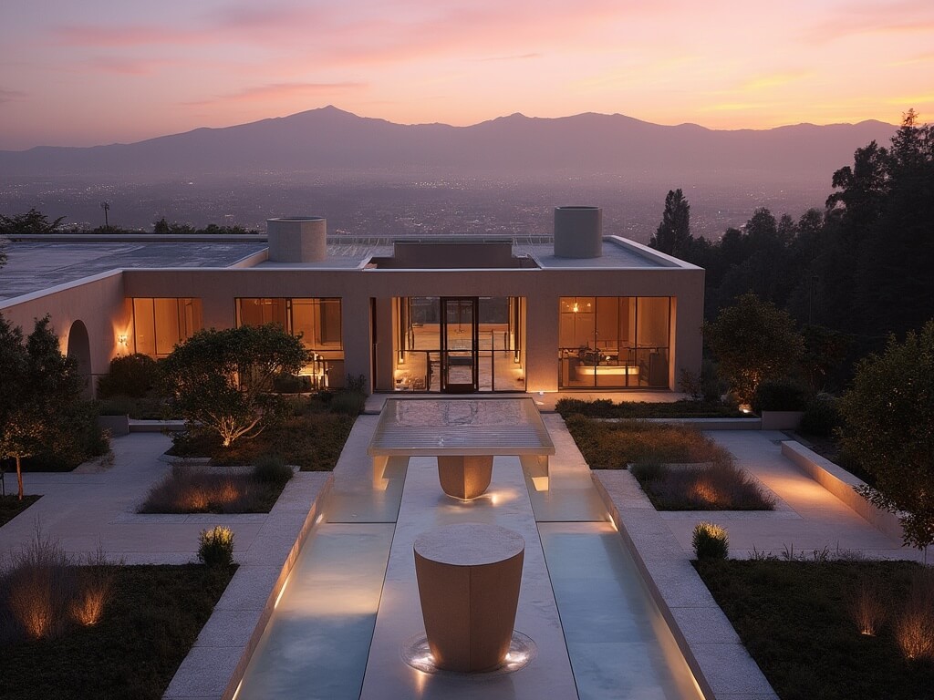 Evening view of the Getty Center's garden terraces with modern architecture, geometric fountains, manicured gardens under sunset light, and the Los Angeles backdrop with Santa Monica mountains