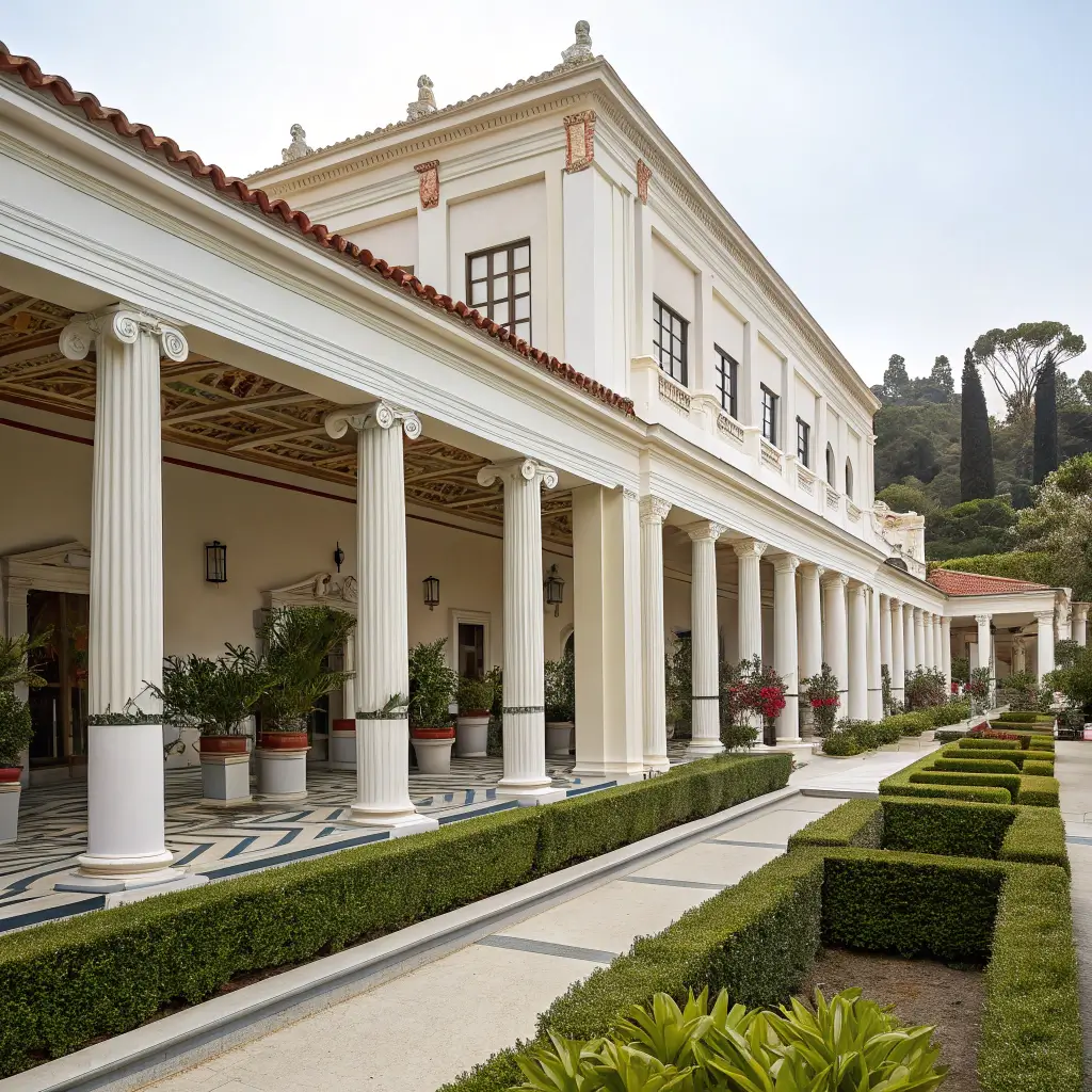 Getty Villa's white marble facade with Greek-inspired columns and manicured Mediterranean gardens under soft natural lighting