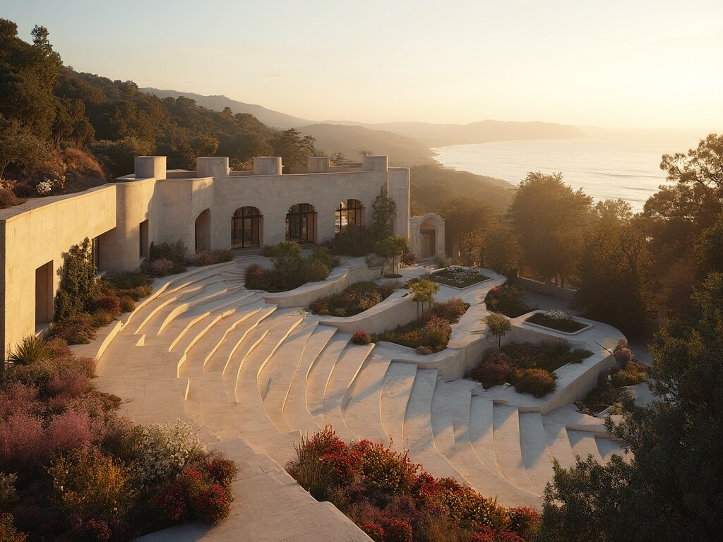 Getty Center's limestone architecture and geometric gardens at golden hour in December with winter-blooming flowers and Santa Monica coastline in the distance