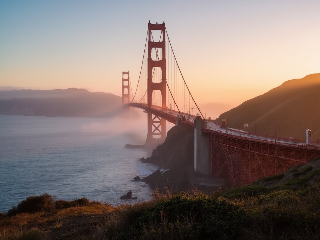 Dawn view of Golden Gate Bridge from Battery Spencer with rolling fog, illuminated by golden morning light, San Francisco skyline in distance and coastal vegetation in foreground