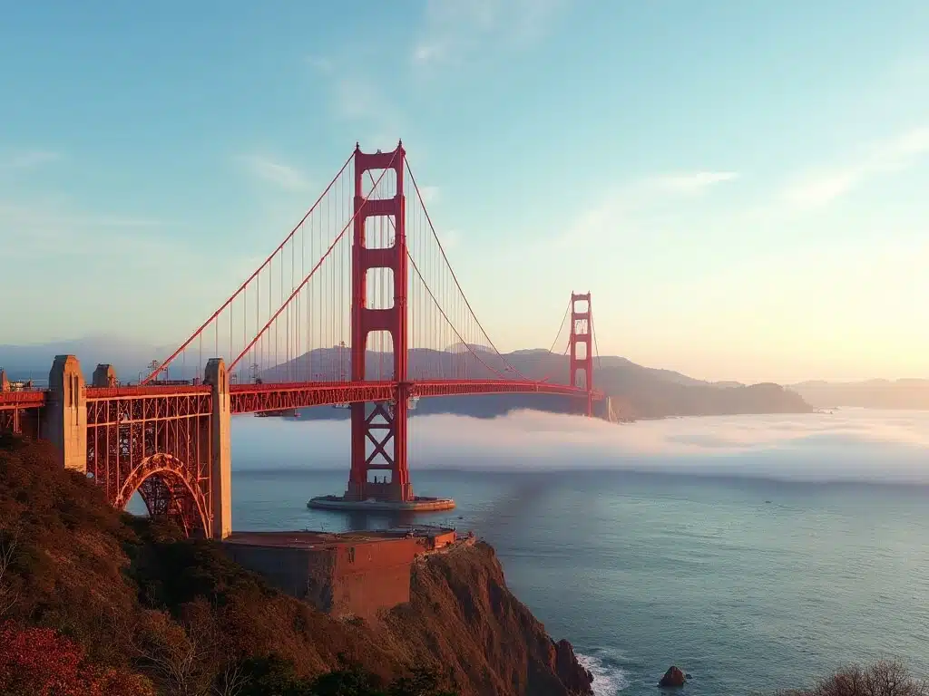 Golden Gate Bridge under clear October afternoon sun with minimal fog, soft blue sky and San Francisco's unique coastal terrain