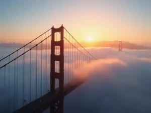 "Golden Gate Bridge at sunrise with fog swirling around its towers and city skyline in the background"