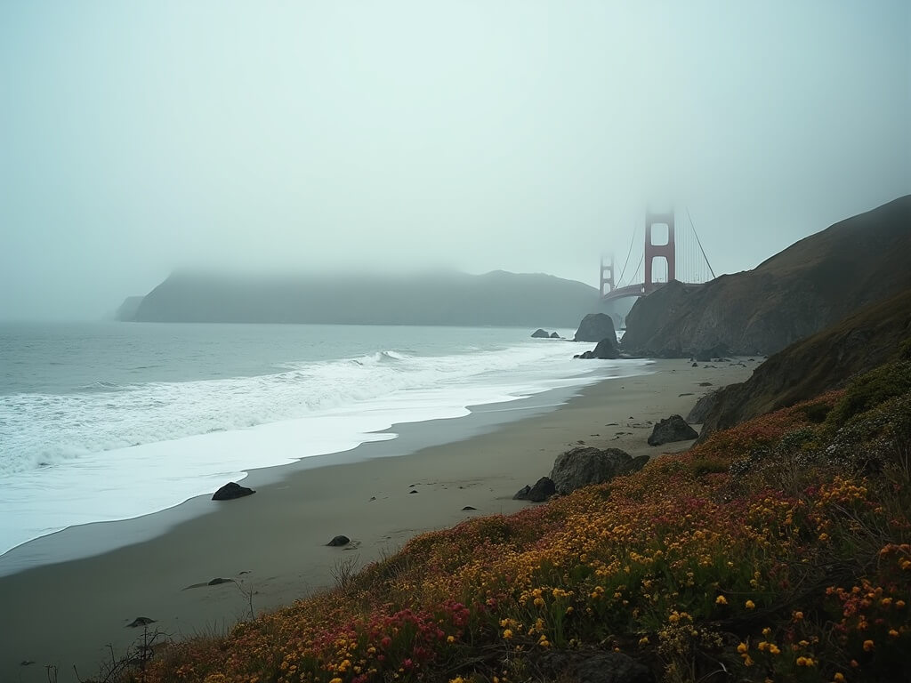 Dramatic Baker Beach landscape featuring Golden Gate Bridge, rugged California coastline, wildflowers, and rolling fog