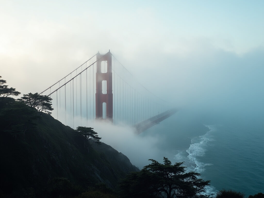 Misty morning view of Golden Gate Bridge partially covered by fog with eucalyptus trees in the foreground, portraying a dramatic San Francisco landscape