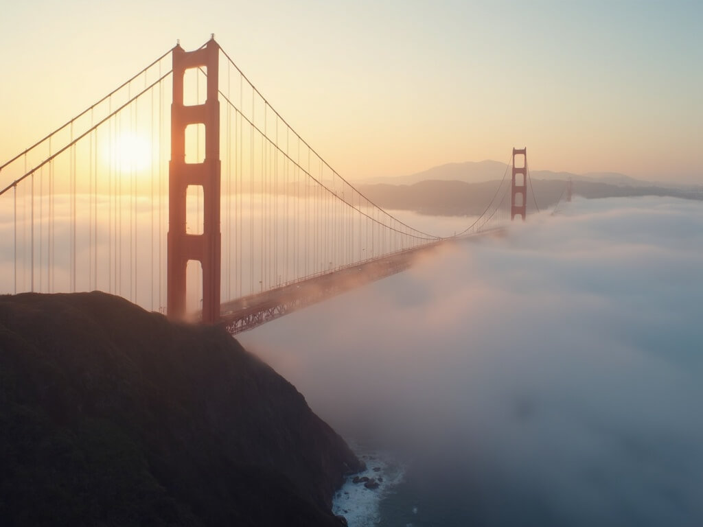 Golden Gate Bridge at sunrise with fog beneath, spring flowers in foreground, and city skyline in the background