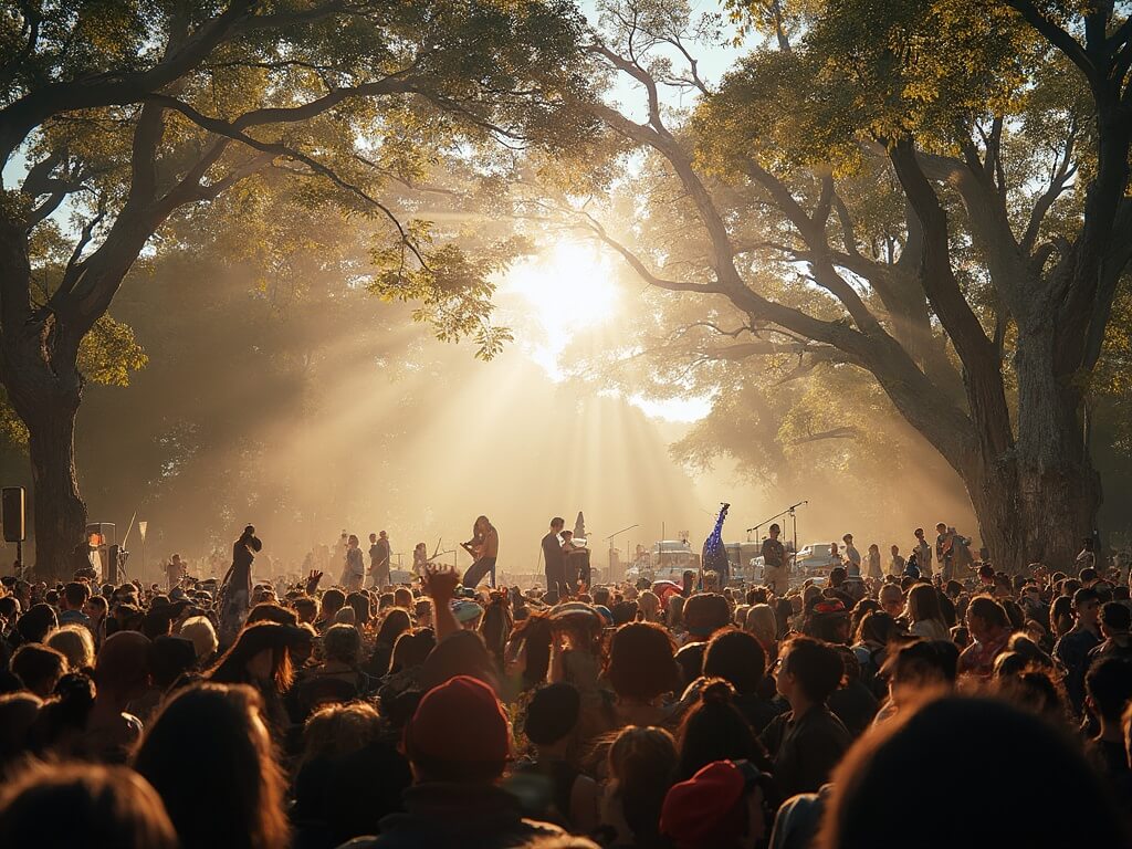 Diverse crowd enjoying a vibrant outdoor music festival in Golden Gate Park with eucalyptus trees and golden afternoon sunlight in the background