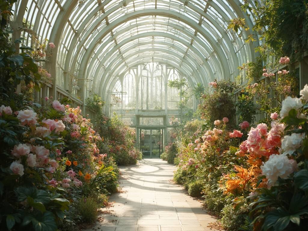 Hyper-realistic botanical photography of serene garden scene inside Golden Gate Park's Conservatory of Flowers featuring vibrant pastel-colored blooms, delicate sunlight shadows through glass panels, no people present.