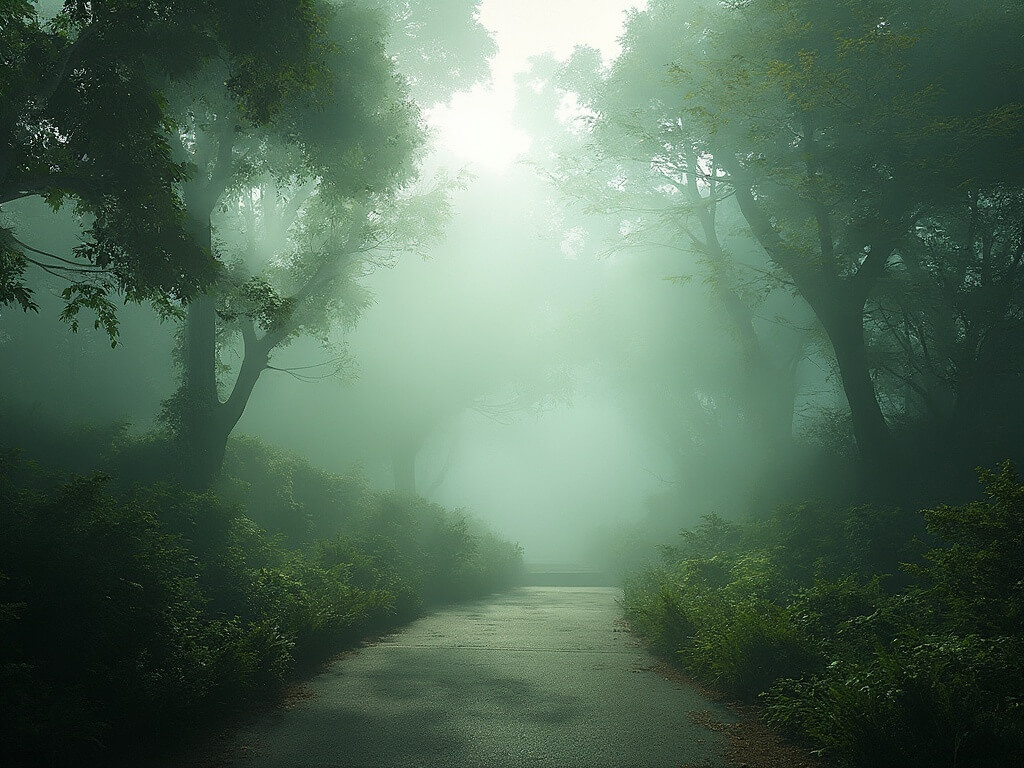 Misty June morning in San Francisco's Golden Gate Park with fog weaving through lush green trees and walking paths