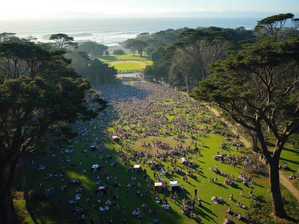 Aerial view of Golden Gate Park during Hardly Strictly Bluegrass festival with outdoor stages, picnicking crowds, eucalyptus trees and Pacific Ocean in the distance