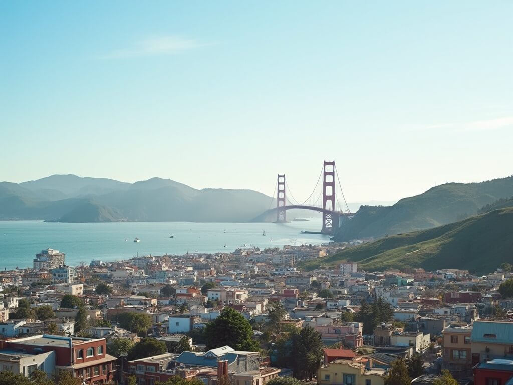 Panoramic view of San Francisco cityscape with Golden Gate Bridge, rolling hills, and pastel-colored buildings on a clear May day