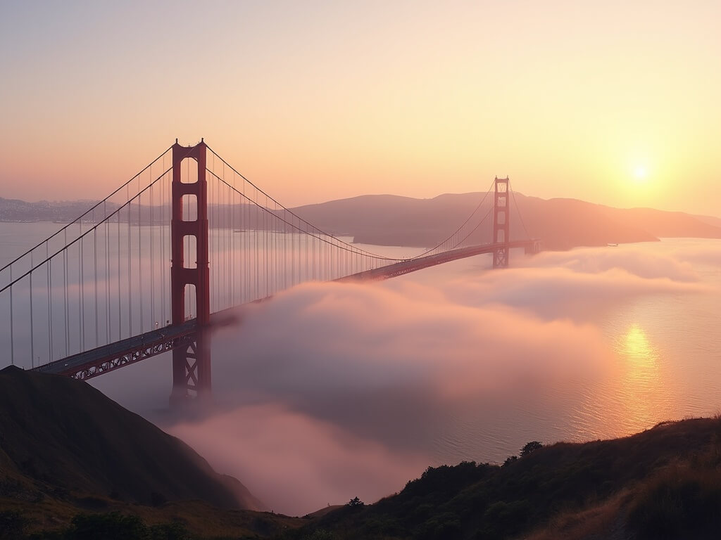 Golden Gate Bridge at sunrise with morning mist around the red towers and golden light reflecting on the bay waters