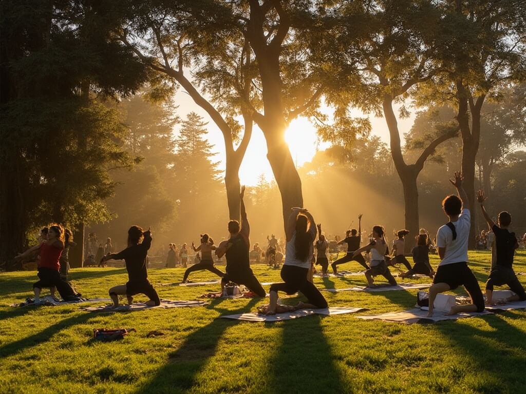 People practicing yoga in Golden Gate Park at sunset, surrounded by towering eucalyptus trees and green lawn scattered with yoga mats