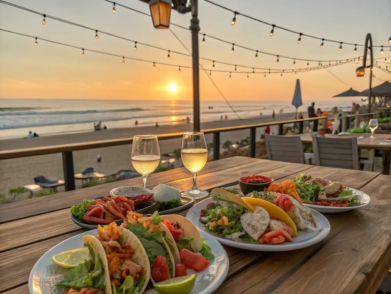 Beach-side restaurant terrace with seafood platters, fish tacos, wine glasses, and patio lights during sunset with ocean waves in the background